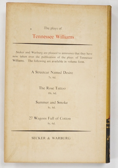 Williams, Tennessee - Cat On a Hot Tin Roof, 1st English edition, blue cloth, with unclipped d/j, Secker and Warburg, London, 1956